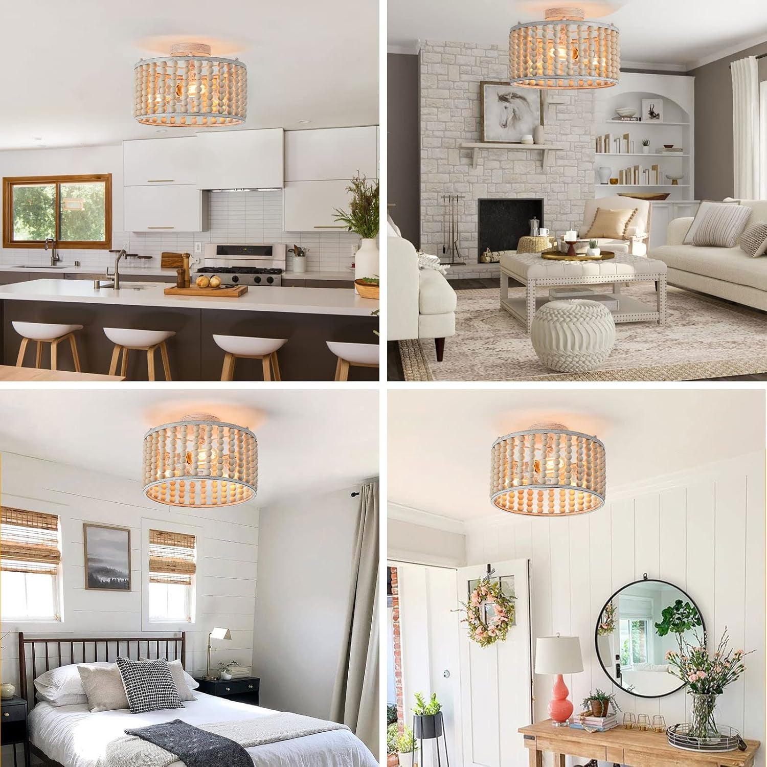 Wood Beaded Boho Chandelier Light Fixture, Semi Flush Mount Ceiling Light 3-Light Rustic Nursery Close to Ceiling Lights for Bedroom Kitchen, Living Room, Oak White, E26 Base