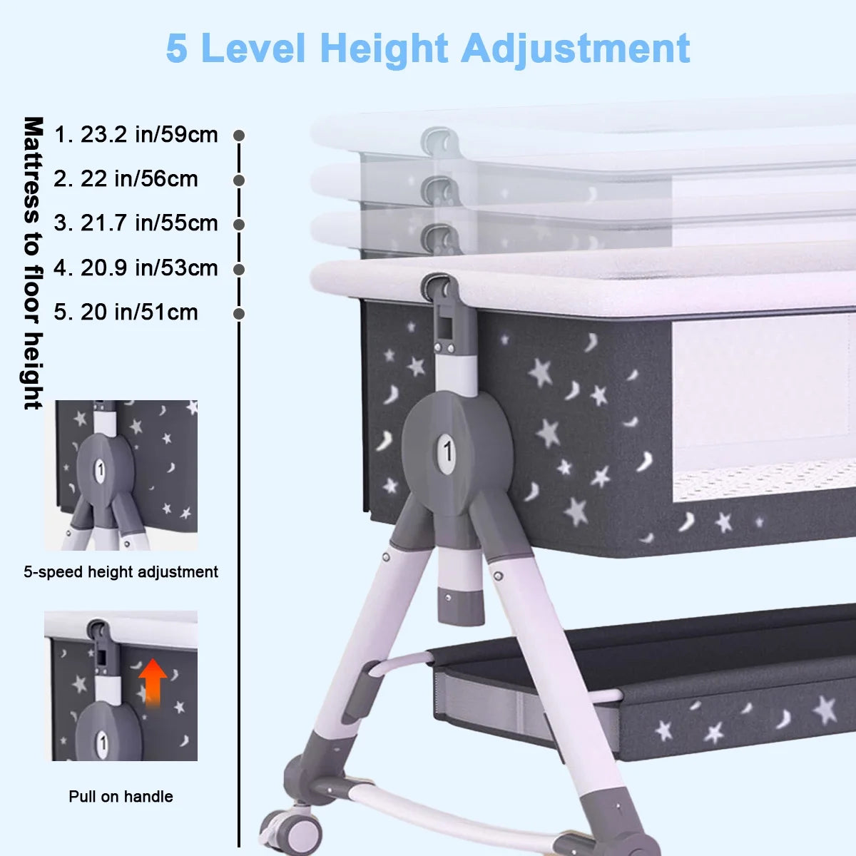 4-In-1 Bedside Bassinet, Adjustable Height, Black with Storage Basket